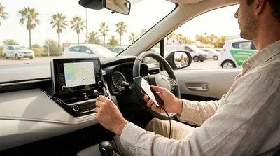 Driver connecting a smartphone to a car rental dashboard screen with sunny Florida palm trees outside