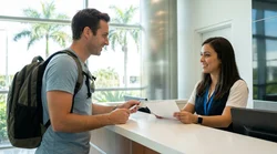 Traveler receiving keys at a car hire desk in a sunny Florida airport terminal