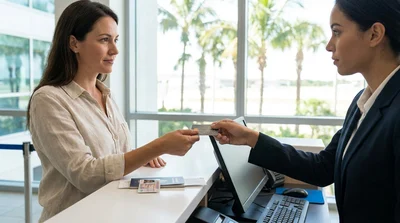 Woman handing a credit card to an agent at a car hire counter in sunny Florida