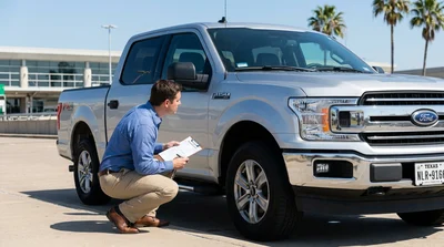 Person reading a car rental contract while inspecting a vehicle license plate in a Texas parking lot