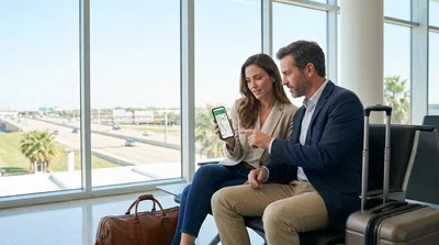 Smartphone displaying a map route mounted on the dashboard of a car rental driving along a sunny Texas highway