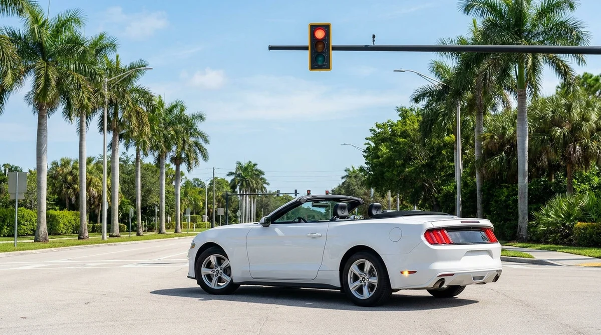 White car rental stopped at a red traffic light preparing to turn right on a sunny Florida street