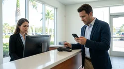 A customer holding a credit card while talking to an agent at a Florida car rental desk