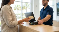Close up of a customer handing a credit card to an agent at a Florida car hire desk