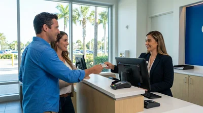 Two people exchanging keys beside a car rental on a sunny coastal road in Florida
