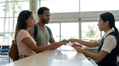 Traveler showing a passport to an agent at a car rental desk in Los Angeles