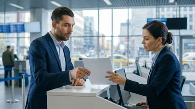 Customer handing insurance documents to an agent at a New York car rental desk