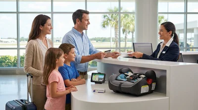 Traveler with luggage receiving keys from an agent at a car hire desk in Orlando
