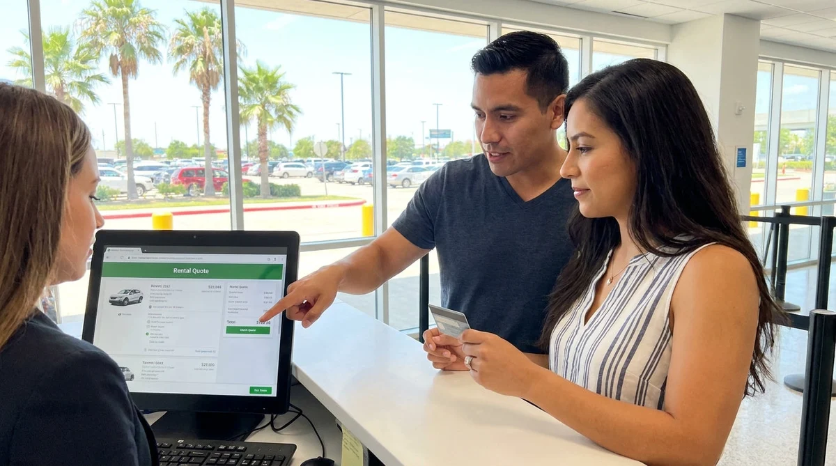 A man reviewing a car rental contract on a tablet while leaning against a white SUV in Texas