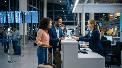 Brightly lit car hire counters inside a passenger terminal at JFK Airport in New York