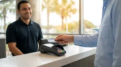 Close up of a hand passing a credit card to an agent at a car hire desk in Orlando