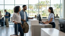 Travelers with luggage walking toward a car rental desk inside a busy Orlando airport terminal