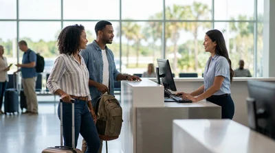 Travelers with luggage walking toward a car rental desk inside a busy Orlando airport terminal