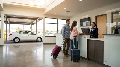 People waiting in line at a car rental desk inside a Los Angeles airport terminal