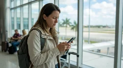 Woman with a suitcase checking her phone outside a car rental office in Miami