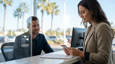Close-up of a person handing a credit card to an agent at a car rental desk in California