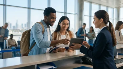 Person checking their watch at a car rental desk in a bright New York airport terminal