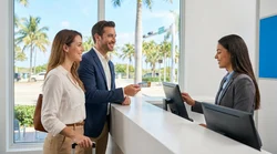 A couple smiling while signing paperwork at a car rental counter in Miami