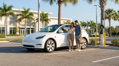 Driver using a smartphone next to a plugged-in electric car rental at a Florida charging station