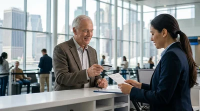 Senior man showing documents at a car hire counter in New York