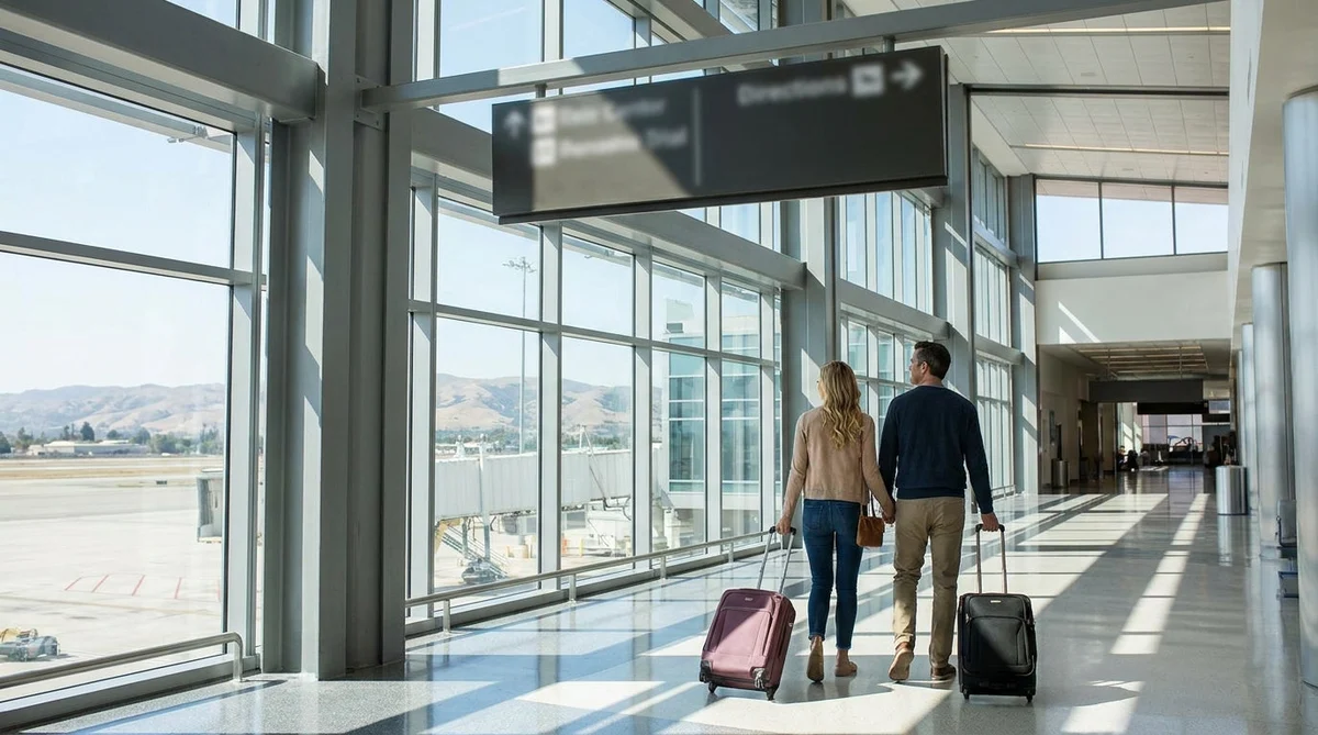 Traveler with a suitcase looking at overhead signs for the car hire center at San Francisco airport