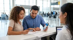 Customer handing a credit card to an agent at a car rental desk in the United Estates