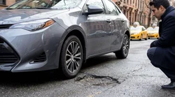 Close-up of a silver car rental tire hitting a deep pothole on a New York City street