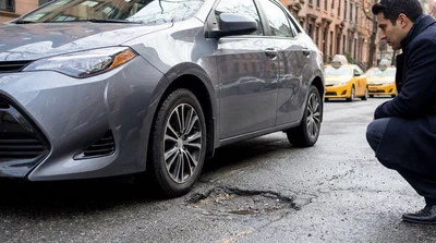 Close-up of a silver car rental tire hitting a deep pothole on a New York City street