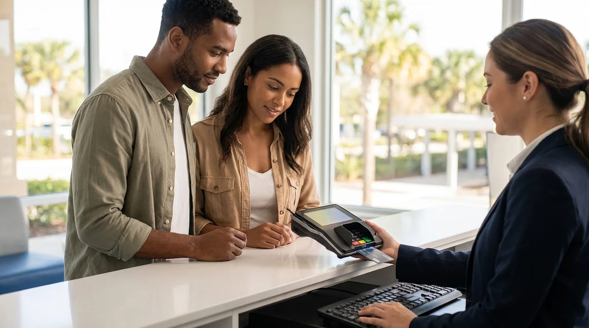 Customer handing a credit card to an agent at a car hire desk in Orlando