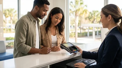 Customer handing a credit card to an agent at a car hire desk in Orlando