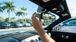Close-up of a toll tag on the windshield of a car rental parked on a sunny Miami street