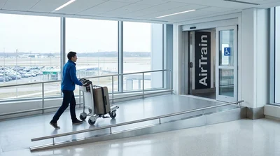 Traveler with luggage on a step-free walkway at the San Francisco airport car rental center