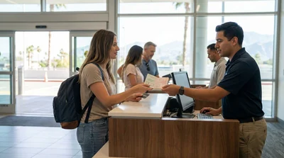 Person handing a passport to an agent at a car rental counter in California