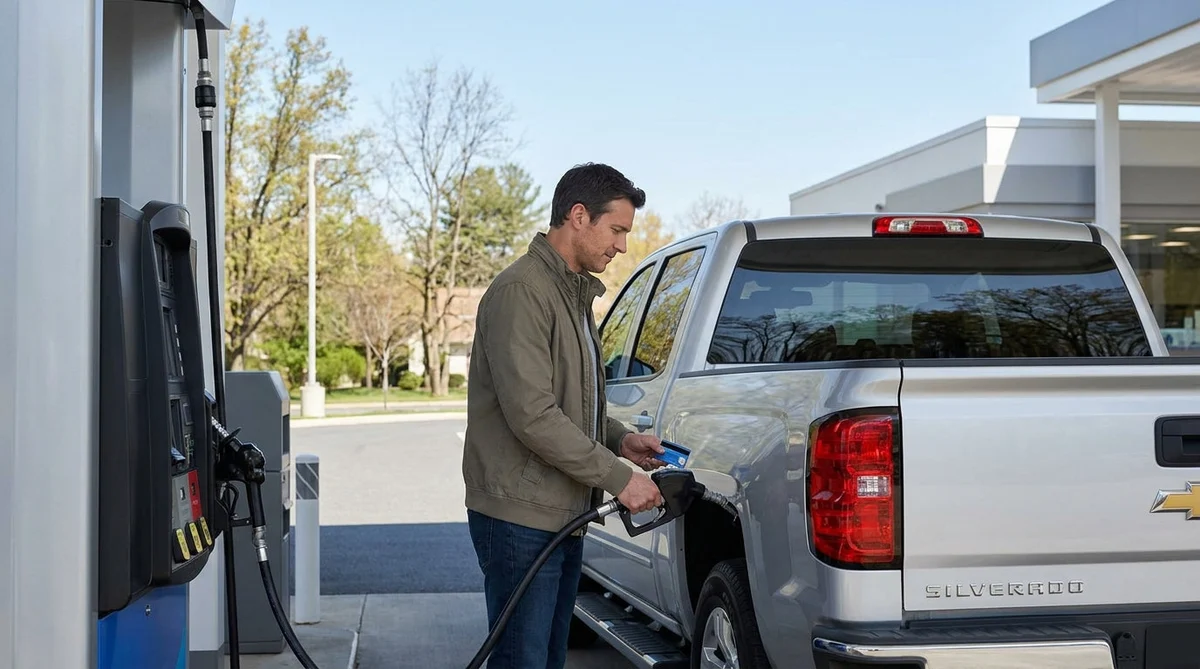 Person filling the gas tank of a white car hire at a fuel station in Pennsylvania