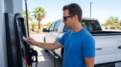 Person using a credit card at a gas station pump to fuel a car rental in Texas