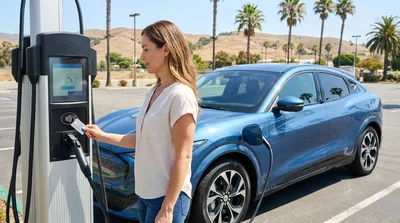 Driver using a bank card at a public EV charging station next to an electric car rental in California