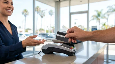 Customer swiping a credit card at a car rental desk in California