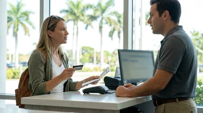 Customer handing a credit card and documents to a car hire agent at a desk in Florida
