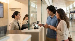 Close-up of a traveler handing a credit card to an agent at a Texas car hire counter