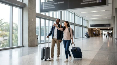 Travelers walking with luggage toward the car hire desks inside Orlando Airport Terminal B