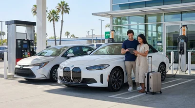 White electric car rental and a petrol car parked on a sunny street with palm trees in Los Angeles