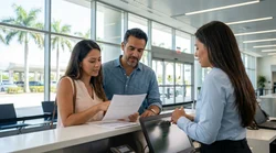 A customer signing paperwork at an airport car hire desk in sunny Florida