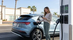 White electric car rental plugged into a DC fast charging station near palm trees in California