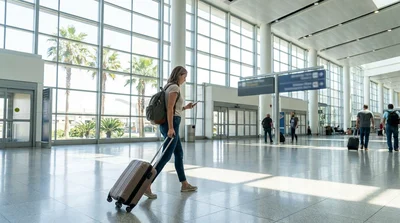 Traveler pulling a suitcase toward a car rental desk inside Miami Airport