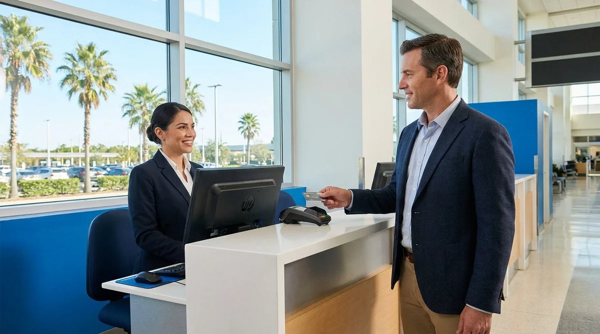 Customer handing a corporate credit card to an agent at an Orlando car hire counter