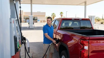 Person holding a fuel nozzle to fill up a car rental at a Texas gas station