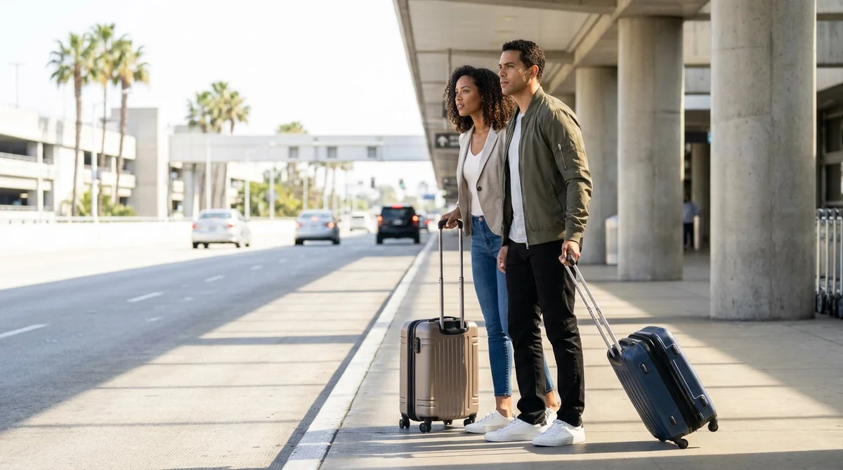 White car rental shuttle bus picking up passengers with luggage outside LAX Terminal 3 in Los Angeles