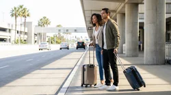White car rental shuttle bus picking up passengers with luggage outside LAX Terminal 3 in Los Angeles