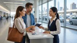 Person handing a passport to an agent at a car rental desk in New York