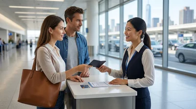 Person handing a passport to an agent at a car rental desk in New York